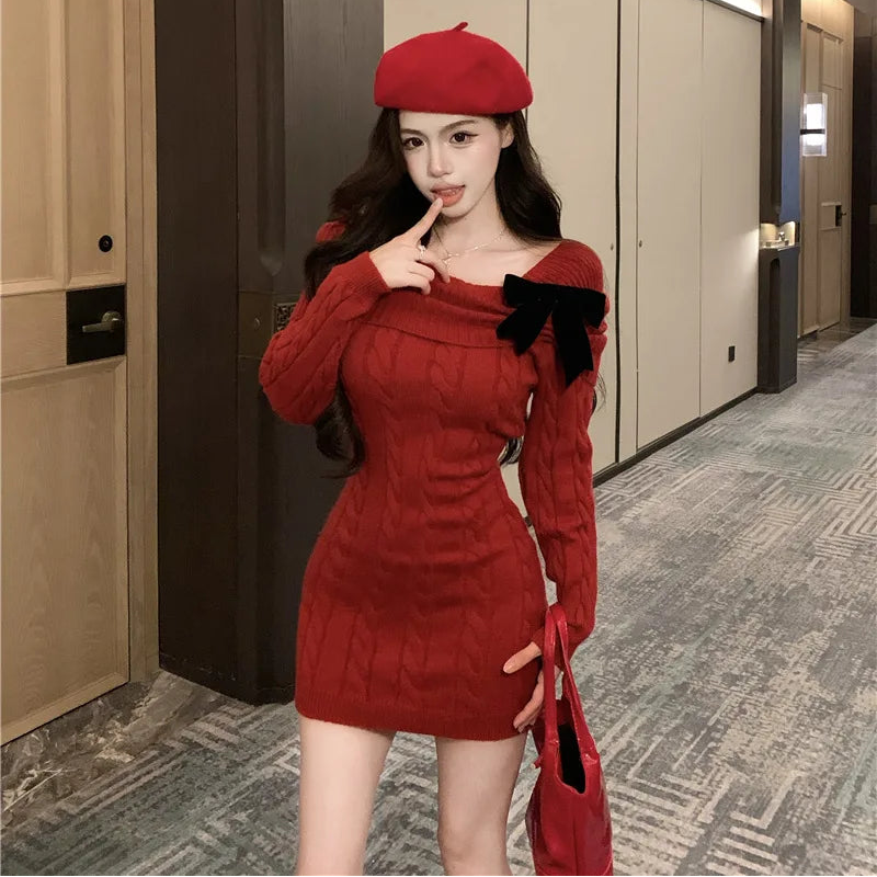 Sweater Knit Mini Bow Dress - Fashionnsio