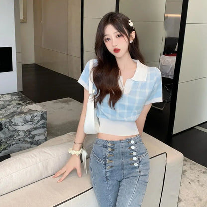 Korean Knitted Plaid Top