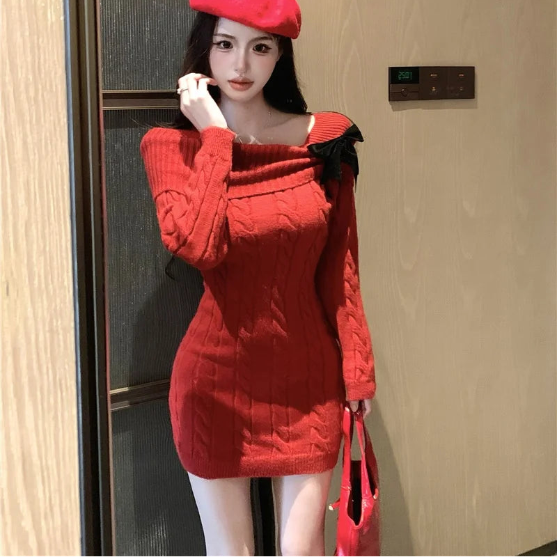 Sweater Knit Mini Bow Dress - Fashionnsio