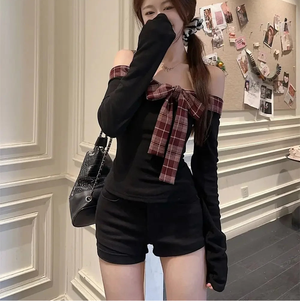 Off Shoulder Plaid Bow Top
