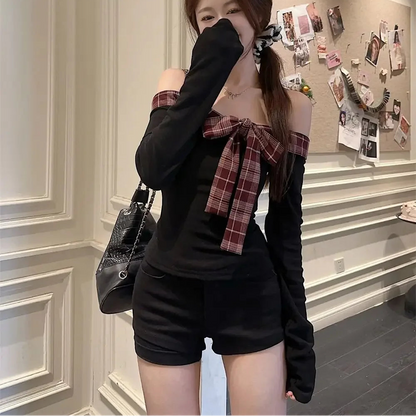 Off Shoulder Plaid Bow Top