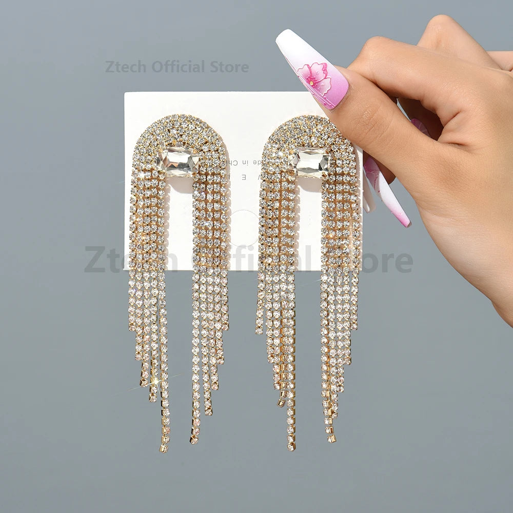 Shiny Long Crystal Tassel Drop Earrings fashionnsio