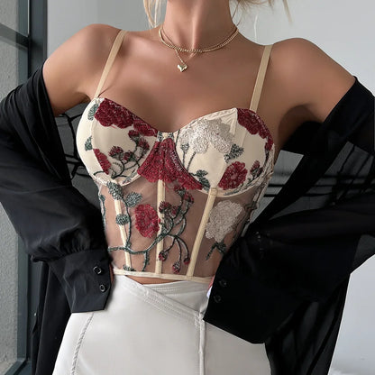 Flower Embroidered Mesh Crop Corset Top