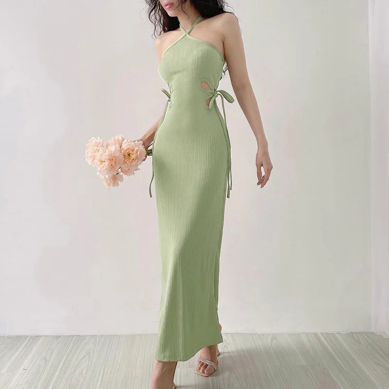 Halter Cut-out Ribbon Long Dress