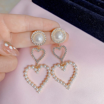 Pearl Heart Rhinestone Drop Earrings fashionnsio