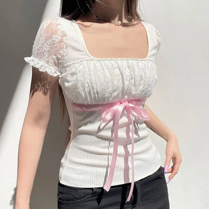 Ribbon Bow Lace Patchwork Top