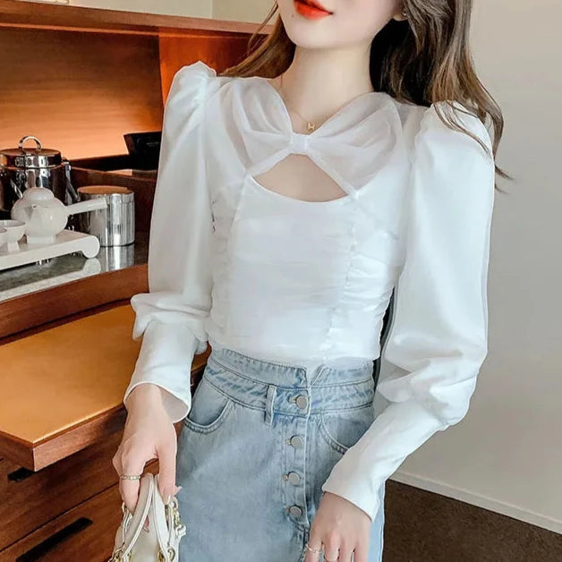 Puff Sleeve Bow Mesh Pleated Top fashionnsio