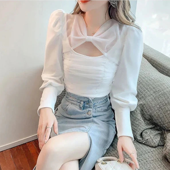 Puff Sleeve Bow Mesh Pleated Top fashionnsio