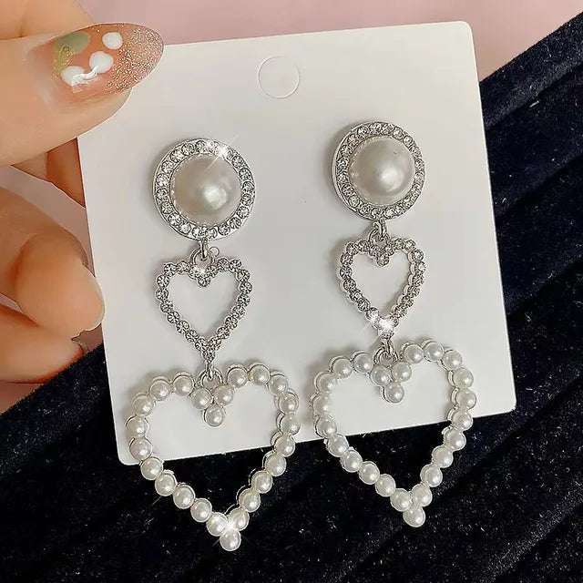 Double Heart Diamond Pearl Earrings fashionnsio