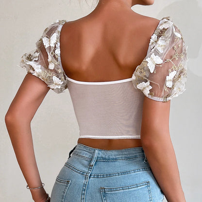 Butterfly Embroidered Lace Up Corset Top