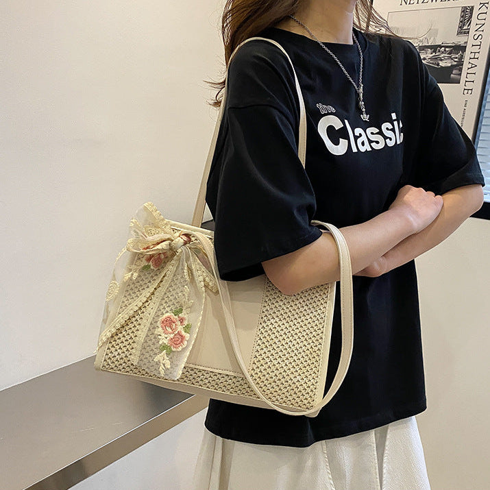 Flower Embroidery Woven Tote Bags - Fashionnsio