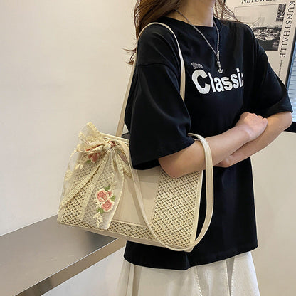 Flower Embroidery Woven Tote Bags - Fashionnsio