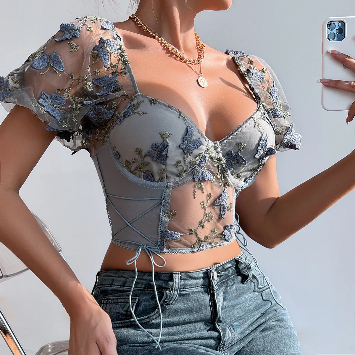 Butterfly Embroidered Lace Up Corset Top