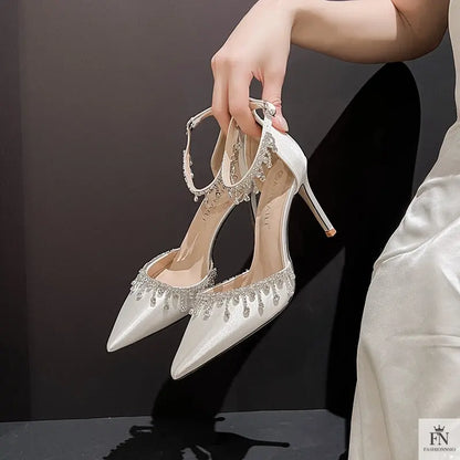 Satin Crystal Tassel Pointed Heels - Fashionnsio