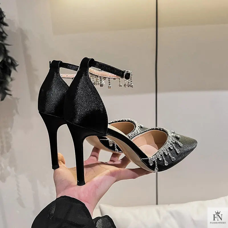 Satin Crystal Tassel Pointed Heels - Fashionnsio