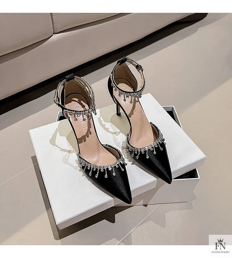 Satin Crystal Tassel Pointed Heels - Fashionnsio