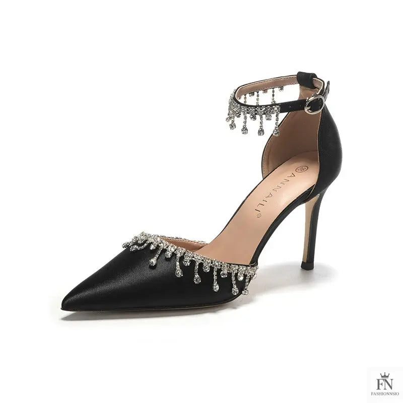 Satin Crystal Tassel Pointed Heels - Fashionnsio