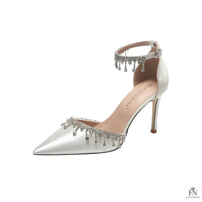 Satin Crystal Tassel Pointed Heels - Fashionnsio