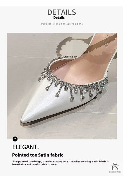 Satin Crystal Tassel Pointed Heels - Fashionnsio