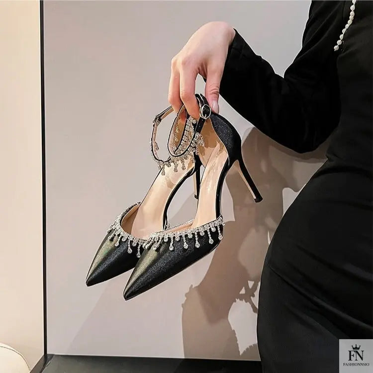 Satin Crystal Tassel Pointed Heels - Fashionnsio