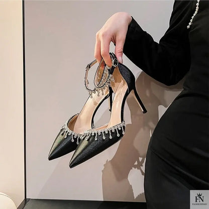 Satin Crystal Tassel Pointed Heels - Fashionnsio