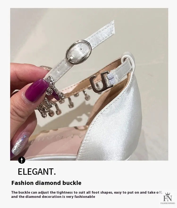 Satin Crystal Tassel Pointed Heels - Fashionnsio