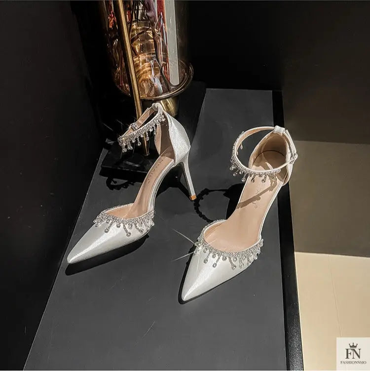 Satin Crystal Tassel Pointed Heels - Fashionnsio
