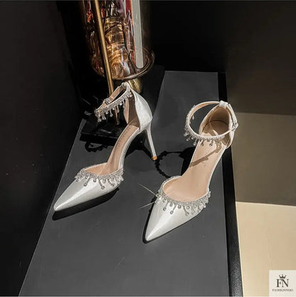Satin Crystal Tassel Pointed Heels - Fashionnsio