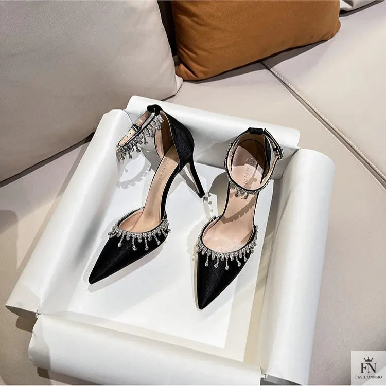 Satin Crystal Tassel Pointed Heels - Fashionnsio
