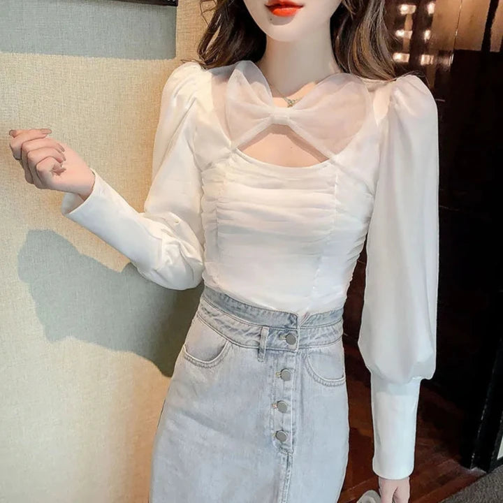 Puff Sleeve Bow Mesh Pleated Top fashionnsio