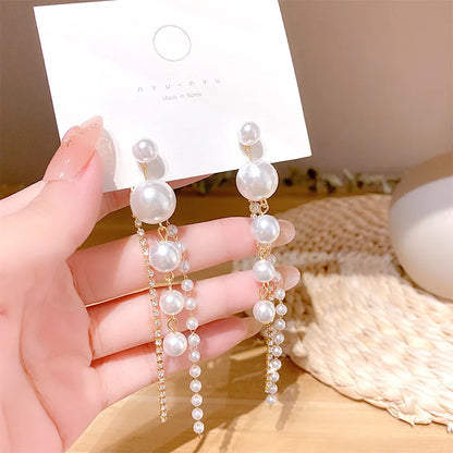 Pearl Tassel Long Diamond Earrings fashionnsio