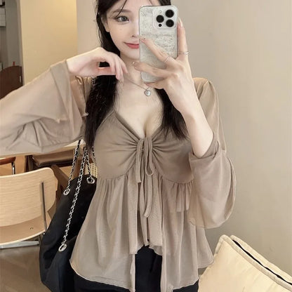 Pleated Long Sleeve Irregular Mesh Top