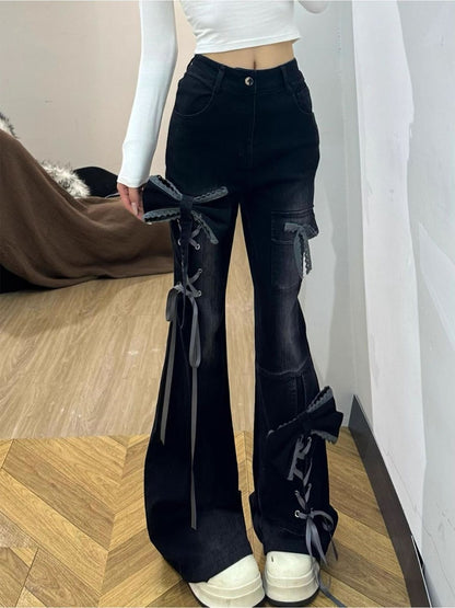 Coquette Lace-Up Bow Flare Jeans - Fashionnsio