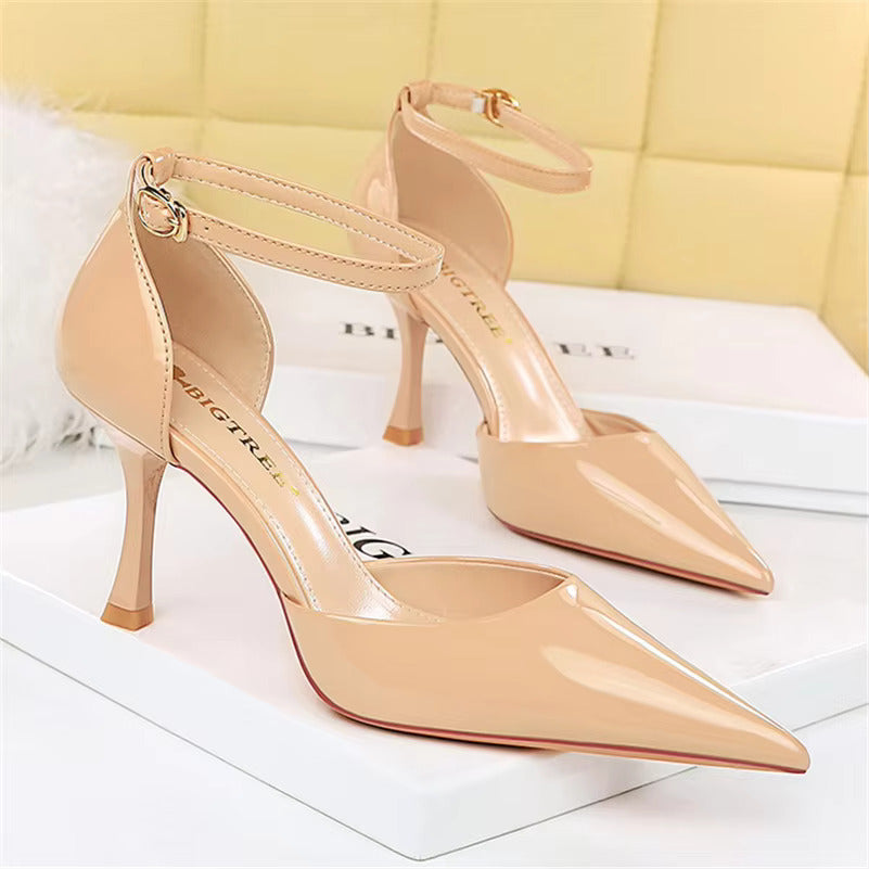 Glossy Ankle Strap Pointed Pencil Heel