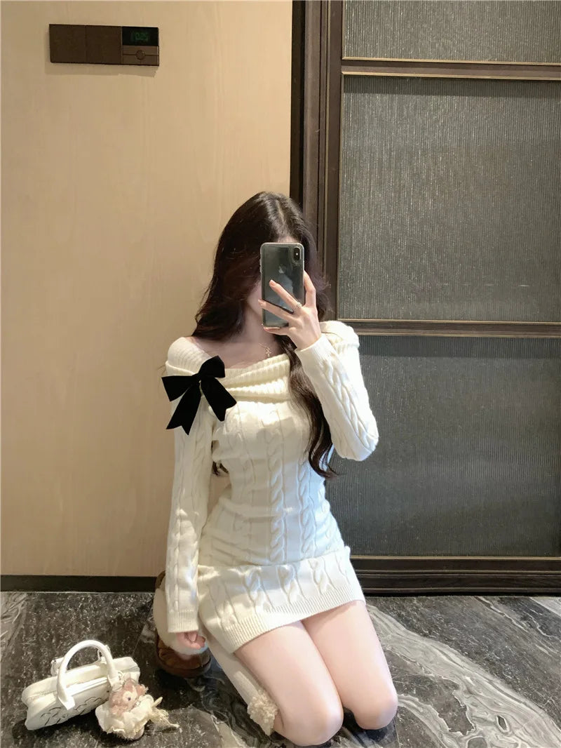 Sweater Knit Mini Bow Dress - Fashionnsio