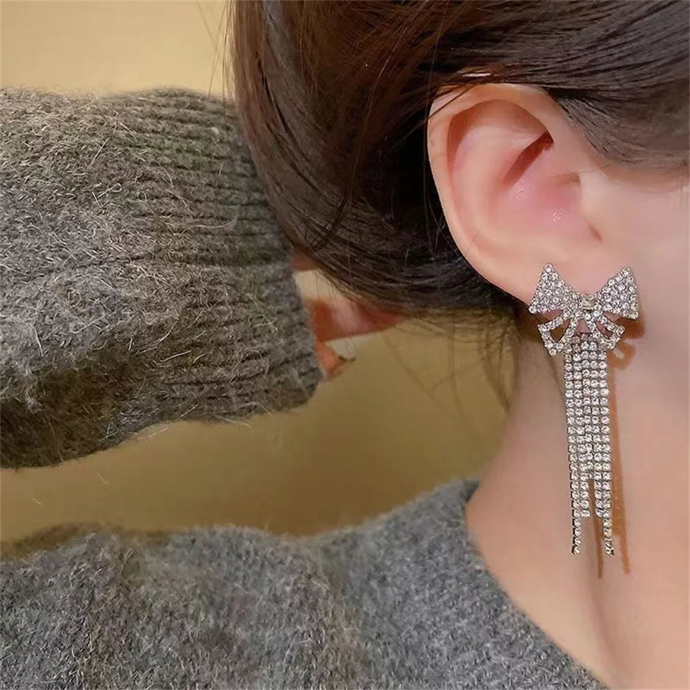 Korean Trendy Bow Crystal Drop  Earrings fashionnsio