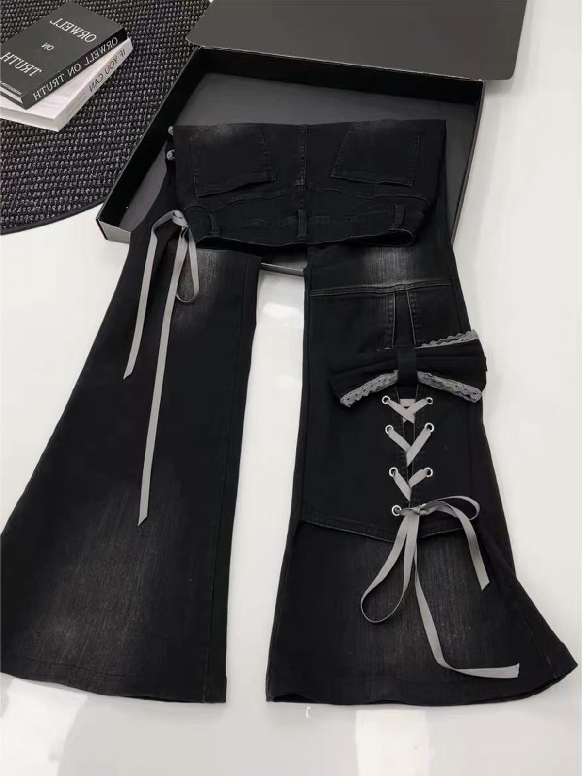 Coquette Lace-Up Bow Flare Jeans - Fashionnsio