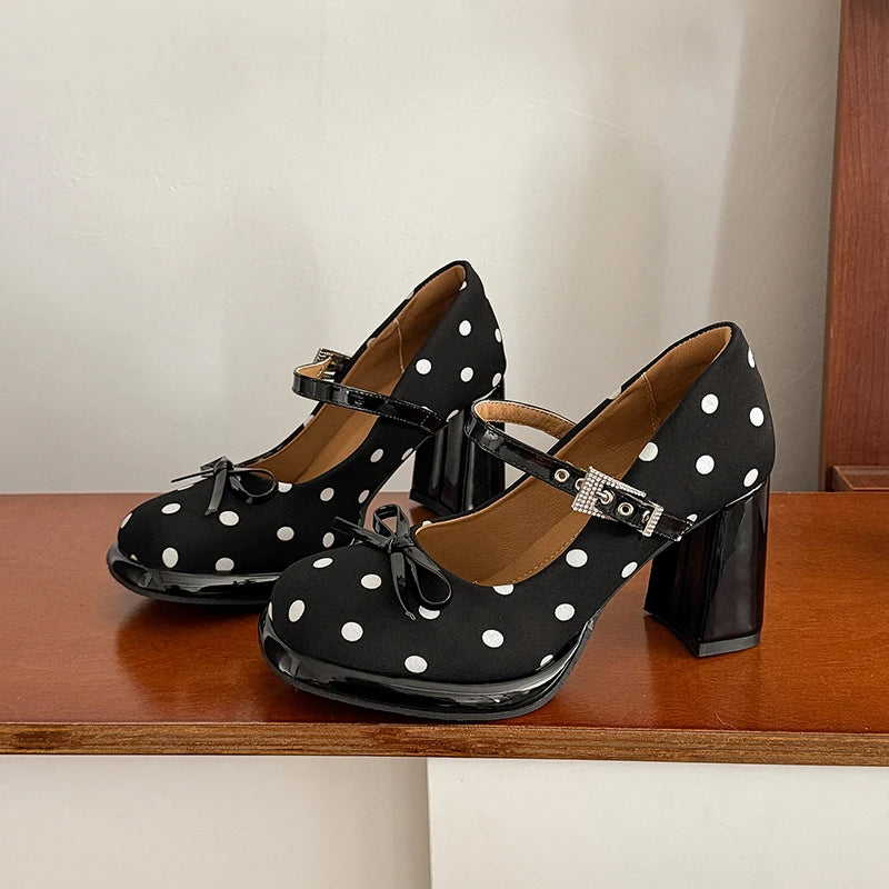Polka Dot Bow Block Heels - Fashionnsio