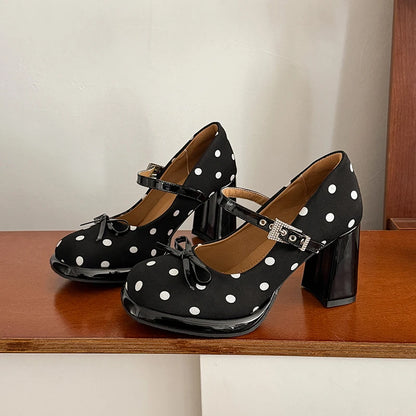 Polka Dot Bow Block Heels - Fashionnsio