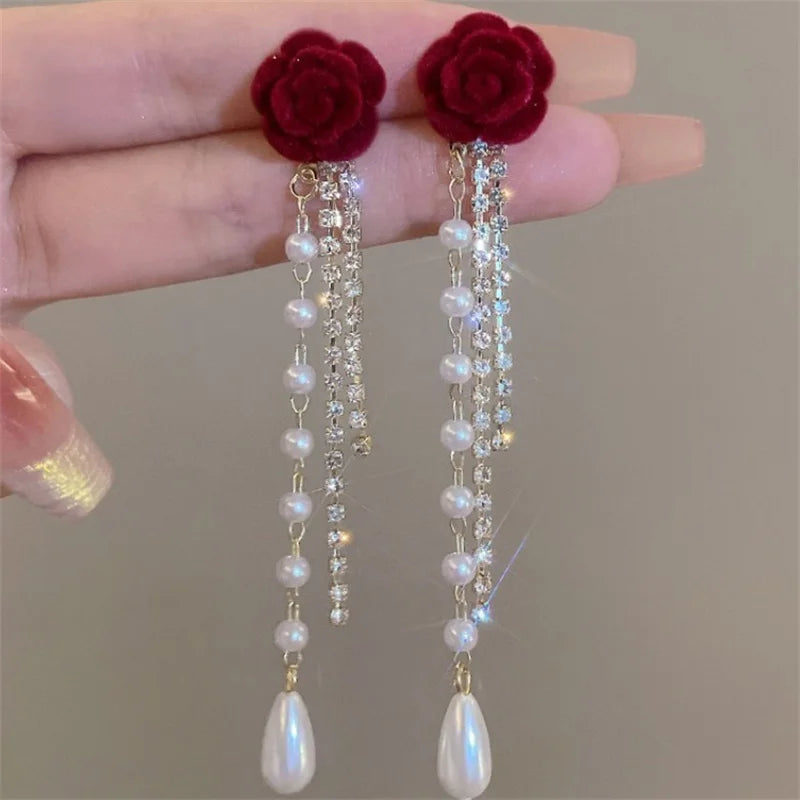 Red Rose Pearl Diamond Tassel  Earrings fashionnsio