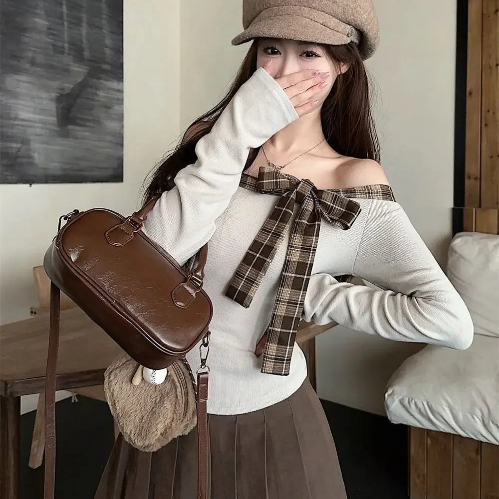 Off Shoulder Plaid Bow Top