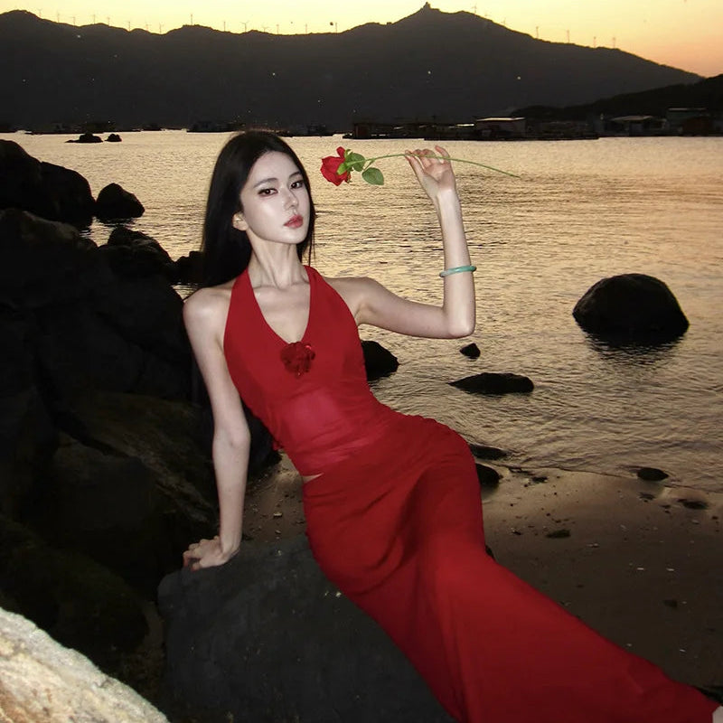 Mesh Splicing Halter Long Dress - Fashionnsio