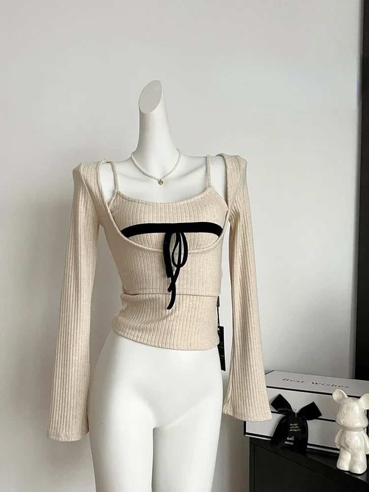 Korean Bow Knit Two Piece Set Top