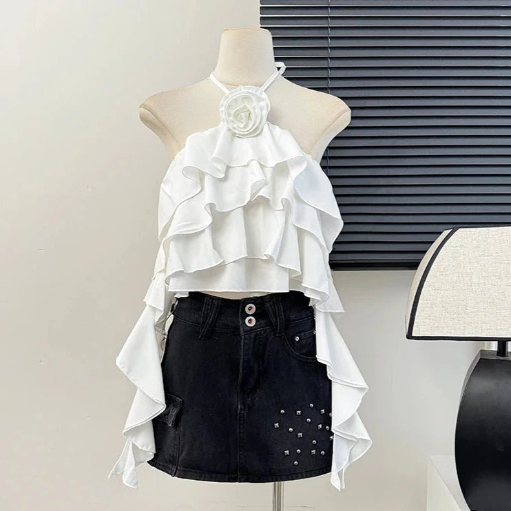 Floral Ruffle Tassel Top