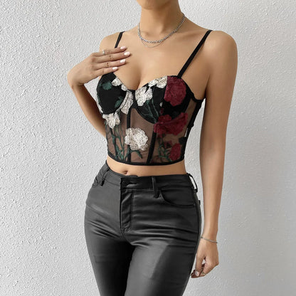 Flower Embroidered Mesh Crop Corset Top