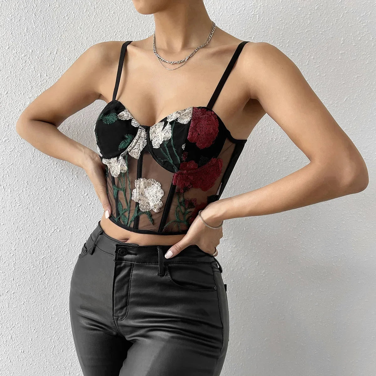 Flower Embroidered Mesh Crop Corset Top