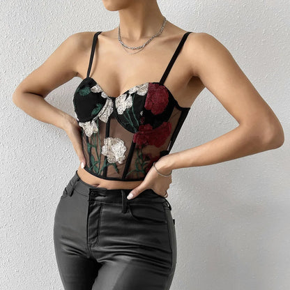 Flower Embroidered Mesh Crop Corset Top