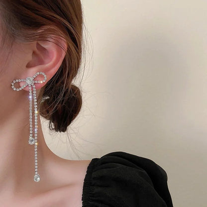 Rhinestone Crystal Bowknot Long Earrings fashionnsio