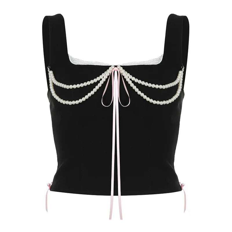 Pearl Bow Lace Coquette Top