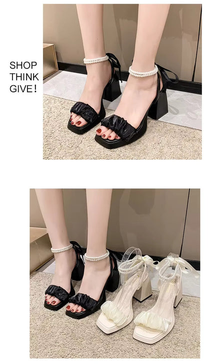 Bow Ribbon Pearl Chunky Heels